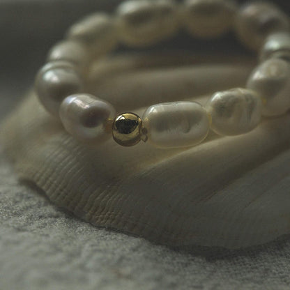 Stretch Freshwater Pearl Rings with 14K Gold Plated Beaded Adjustable Stackable Rings Holiday Gift for Women Girls