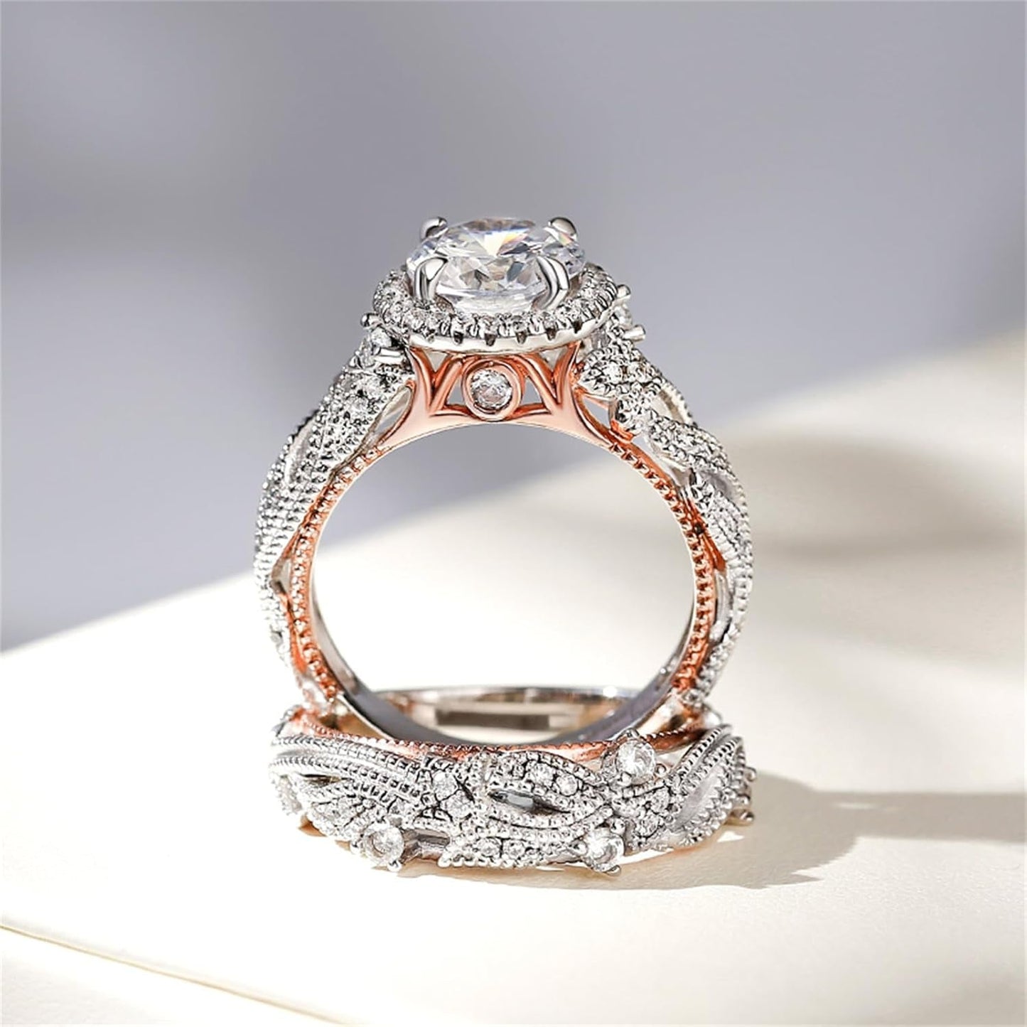 4 Carat Openwork Ring Sets for Women 925 Sterling Silver Wedding Sets Rose Gold round Cut Halo Engagement Ring White Diamond Band CZ Solitaire Anniversary Promise Rings