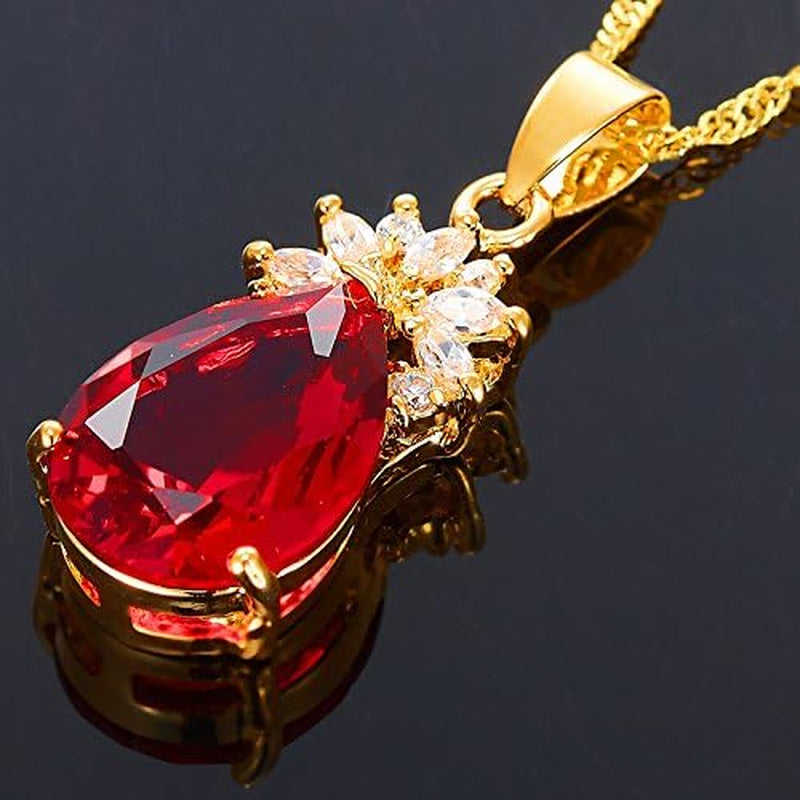 Pendant with 18" Chain & Pear Cut CZ [5 Colors Available] in Yellow Gold Plated, Simple Modern Elegant