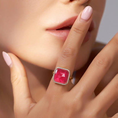 Natural Gemstone Rings, 14K Gold/Rhodium Plated Genuine Gemstone Square Ring with Zirconia for Women, Birthstone Rings Jewelry Gifts for Valentine'S Day, Birthday (Available 6,7,8,9)