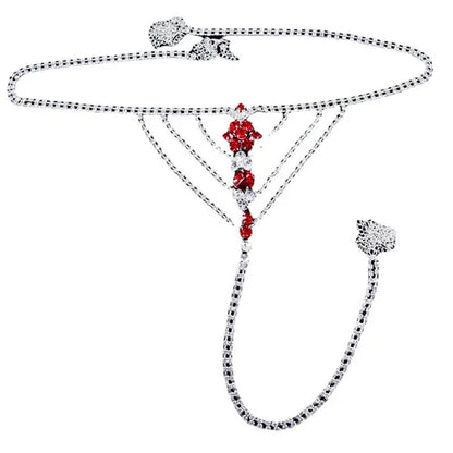 Sexy Body Chain Lingerie Red Crystal Thong Panties Jewelry for Women Silver Color Rhinestone Belly Waist Chain Body Jewelry