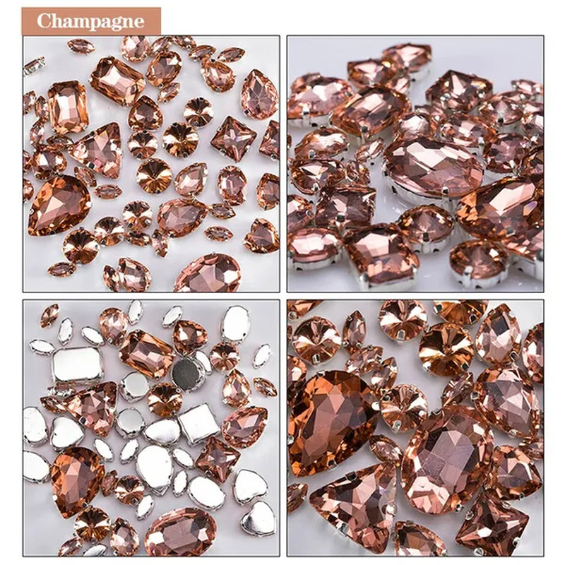 50PCS Mix Size Gold Champagne Glass Rhinestones for Clothing Loose Flatback Dress Stones Decorative Crystal Sew on Rhinestones
