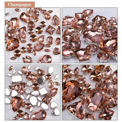 50PCS Mix Size Gold Champagne Glass Rhinestones for Clothing Loose Flatback Dress Stones Decorative Crystal Sew on Rhinestones