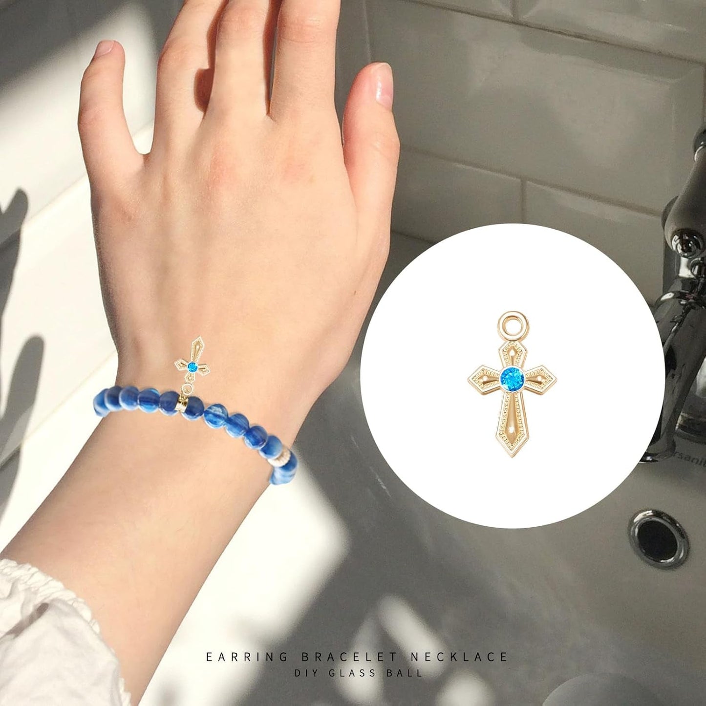 100Pcs 10Colors Rhinestone Tiny Cross Charms Alloy Crystal Mini Crucifix Pendant Beads for Catholic Jewelry Making Necklace Bracelet Earring Keychain DIY Gift Idea Handmade