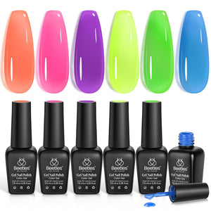 Beetles Summer Neon Gel Nail Polish Set, 6 Colors Jelly Crystal Gel Nail Polish Neon Blue Purple Rainbow Yellow Green Orange Nail Gel Uv LED Dryer Cured Summer Nail Trend Gel Nail Art Gifts for Women