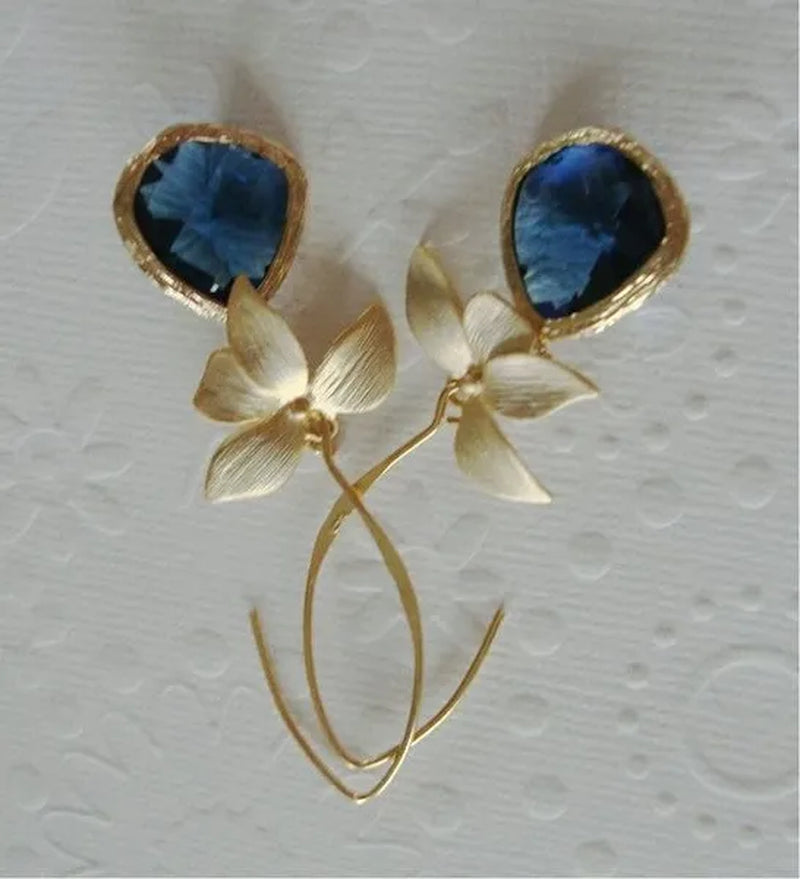 Fashion 18 K Yellow Gold Natural Flower Blue Sapphire Women's Earring Earrings Women's Earrings Engagement Wedding Anniversary Gift