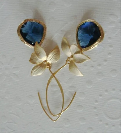 Fashion 18 K Yellow Gold Natural Flower Blue Sapphire Women's Earring Earrings Women's Earrings Engagement Wedding Anniversary Gift