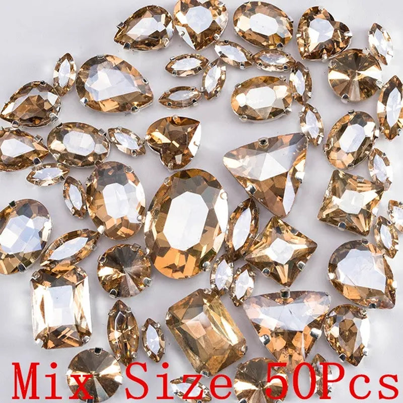 50PCS Mix Size Gold Champagne Glass Rhinestones for Clothing Loose Flatback Dress Stones Decorative Crystal Sew on Rhinestones - WORLD TIME VISITS