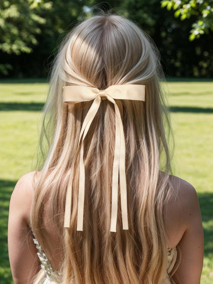4Pcs Hair Clips for Women Tassel Ribbon Bowknot with Long Tail, Clip Girl, Solid Accessories Barrettes Claw Bow (Black&Beige)