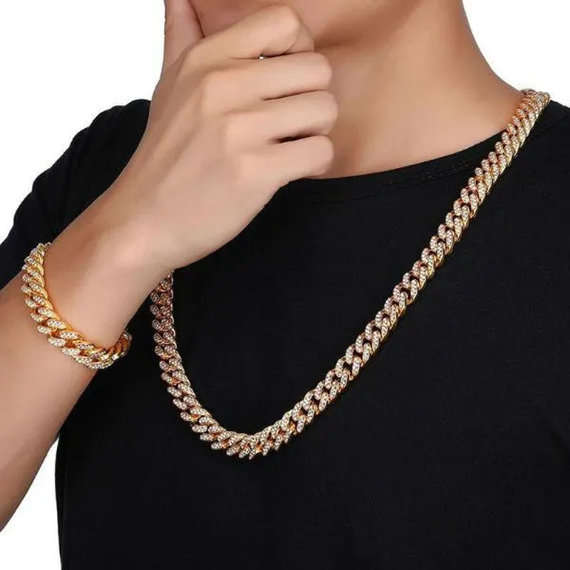 A Set(Bracelet+Necklace) 13MM Width Cuban Link Chain Gold Silver Plated Bling Miami Cuban Necklace Bracelet Diamond Chain for Fashion Men and Women Iced Out Hip Hop Jewelry Set