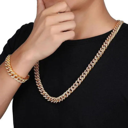 A Set(Bracelet+Necklace) 13MM Width Cuban Link Chain Gold Silver Plated Bling Miami Cuban Necklace Bracelet Diamond Chain for Fashion Men and Women Iced Out Hip Hop Jewelry Set