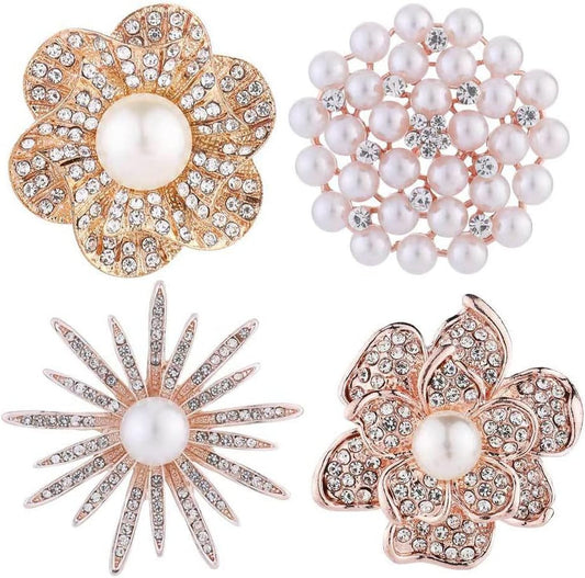 Chamvino 4PCS Pearl Rhinestone Brooch Flower Diamond Pin Wedding Jewelry Suit Collar Pin Silk Scarf Buckle Collar Pin Silk Scarf Buckle Double Use for Girls Women - WORLD TIME VISITS