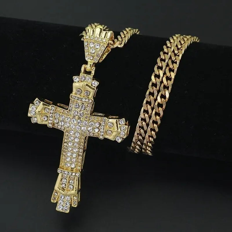 Fashion 24K Gold 925 Silver Cross Diamond Pendant Men's Punk Jewelry Rhinestone Religious Pendant Necklace