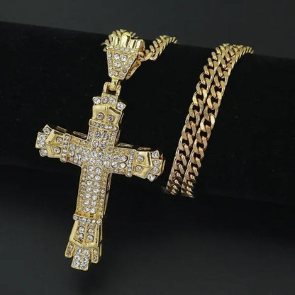 Fashion 24K Gold 925 Silver Cross Diamond Pendant Men's Punk Jewelry Rhinestone Religious Pendant Necklace