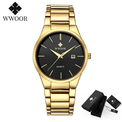relojes hombre 2020 WWOOR Gold Watch Men Luxury Mens Quartz Wristwatch Business Watch Stainless Steel Waterproof Auto Date Clock with gift box