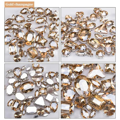 50PCS Mix Size Gold Champagne Glass Rhinestones for Clothing Loose Flatback Dress Stones Decorative Crystal Sew on Rhinestones