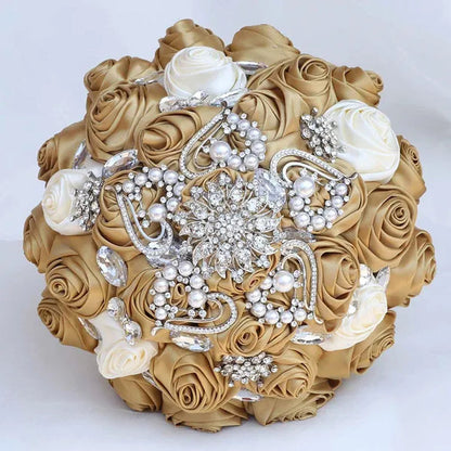 Exquisitely Handmade Ribbon Diamond Bridesmaids Holding Flowers 21CM Pearl Rhinestone Brooch Bridal Bouquet Artificial Silk Rose Wedding Flower Bouquet