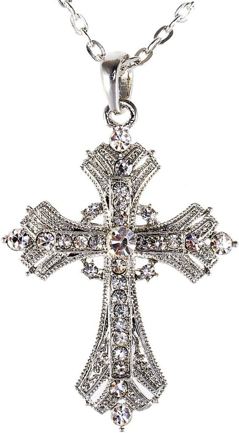 Silvery Tone Religious Cross Pendant Necklace W/Aquamarine Blue or Clear Crystal Rhinestones - WORLD TIME VISITS