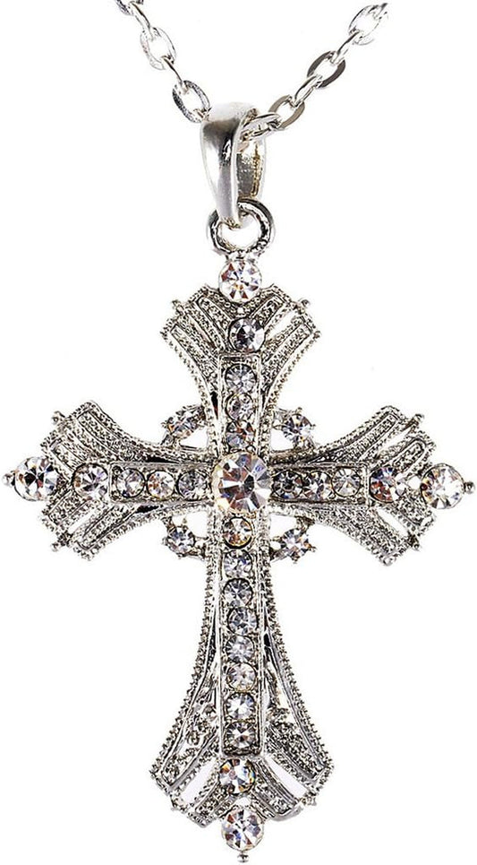 Silvery Tone Religious Cross Pendant Necklace W/Aquamarine Blue or Clear Crystal Rhinestones - WORLD TIME VISITS