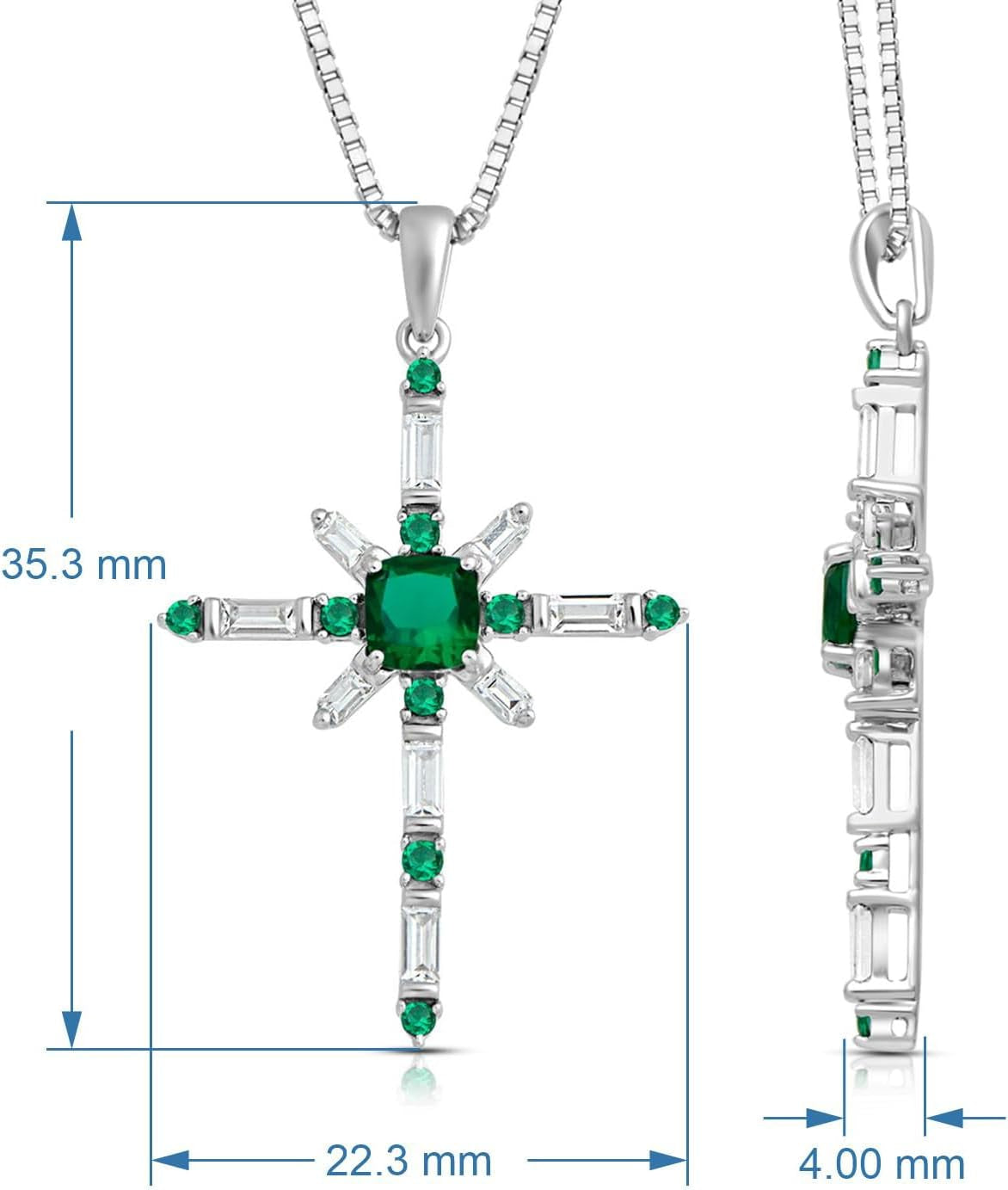 Sterling Silver 5 MM Cushion and 1.75X1.5 MM round Simulated Emerald and Baguette Created White Sapphire Cross Pendant Necklace, 18" Box Chain