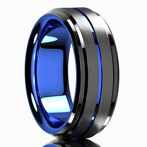 8mm Blue Black Brushed Tungsten Carbide Ring with Ladder Edge Blue Groove Design Comfort Fit Wedding Band Ring Men Jewelry Delicate Style Gift