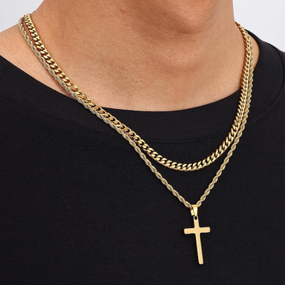 Valentines Gifts for Him - 2 Pcs Cross Necklace Chain for Men and Women, Layered Mens Cross Necklaces Stainless Steel Pendant Cuban Link Rope Chain 16-26 Inch, Jewelry Gift