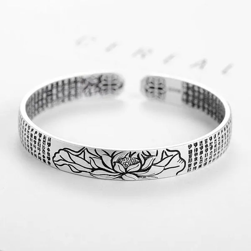 Vintage 925 Sterling Silver Amulet Buddha Lotus Baltic Buddhist Scriptures Thai Silver Cuff Bracelets & Bangles