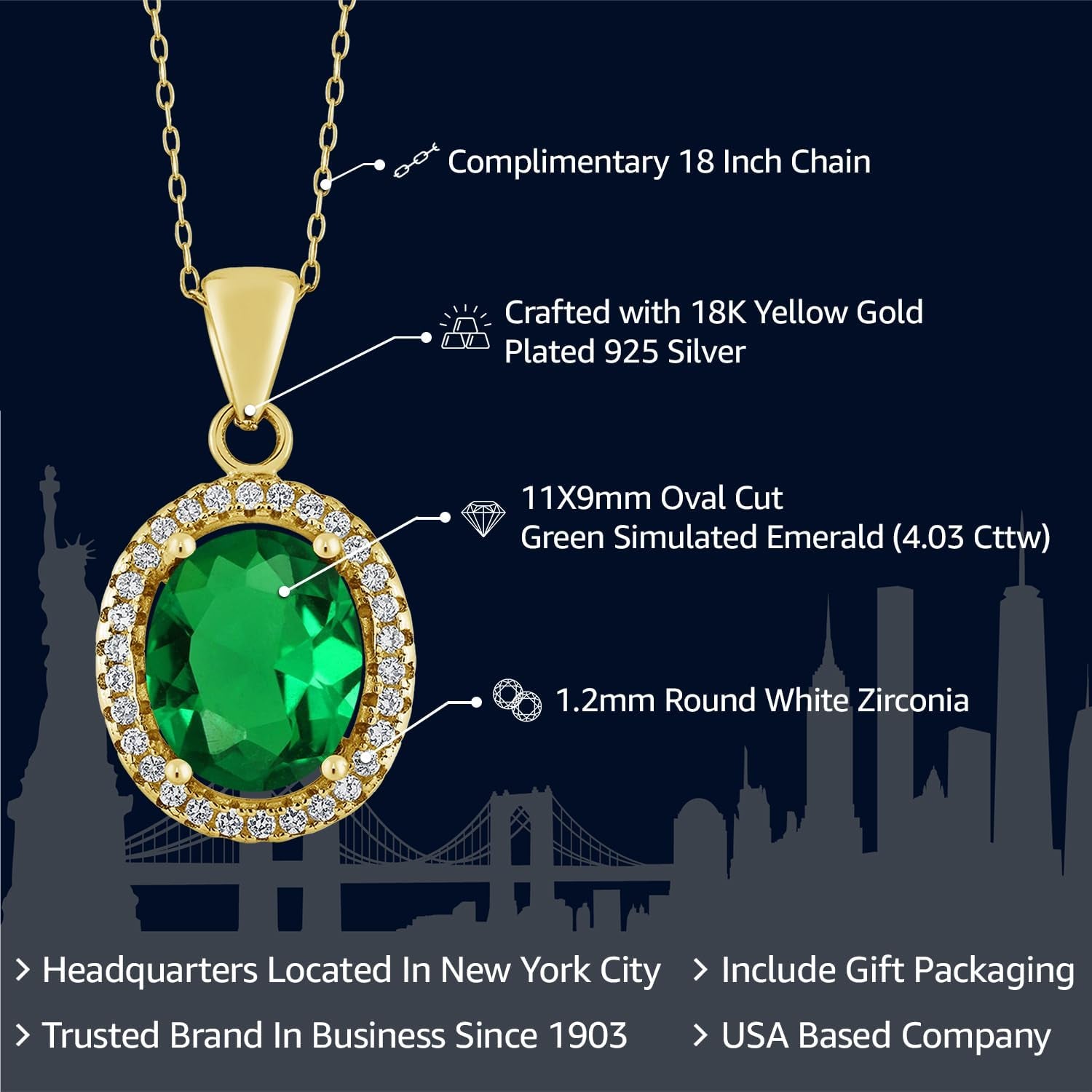 18K Yellow Gold Plated Silver 11X9MM Oval Gemstone Birthstone Halo Pendant Necklace for Women | with 18 Inch Silver Chain - WORLD TIME VISITS