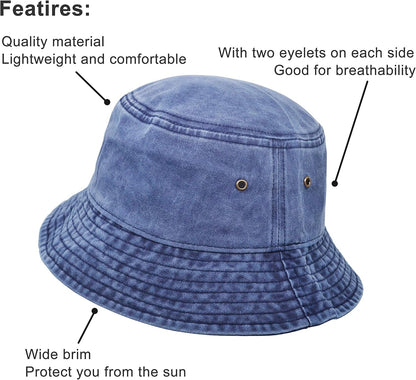 Bucket Hat, Wide Brim Washed Denim Cotton Outdoor Sun Hat Flat Top Cap for Fishing Hiking Beach Sports