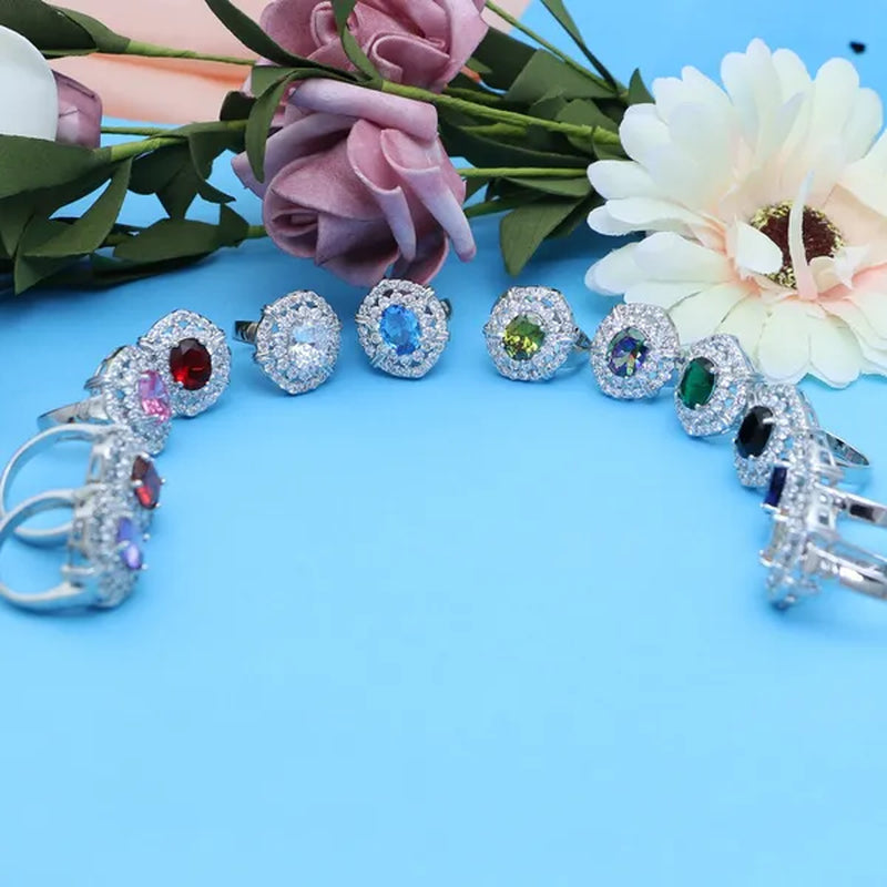 Oval 925 Silver Party Jewelry Sets blue sapphire White CZ Earrings Pendant Necklace Rings Bracelet Gift For Women