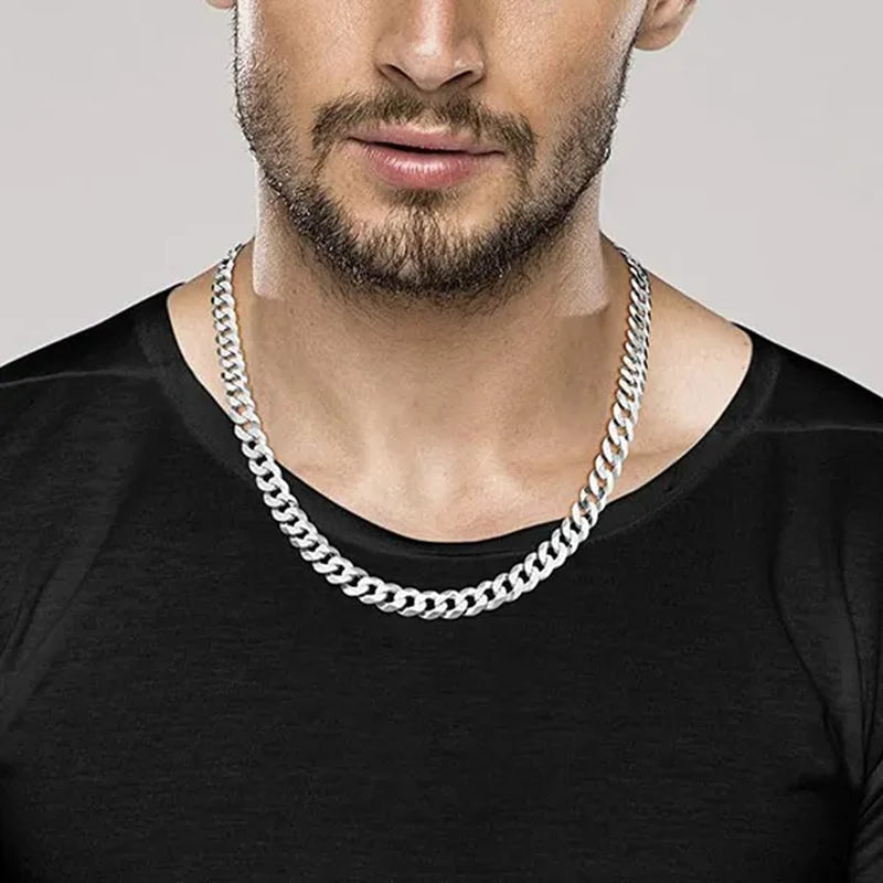 Solid 925 Sterling Silver Italian 7mm Solid Diamond-Cut Cuban Link Curb Chain Necklace for Men