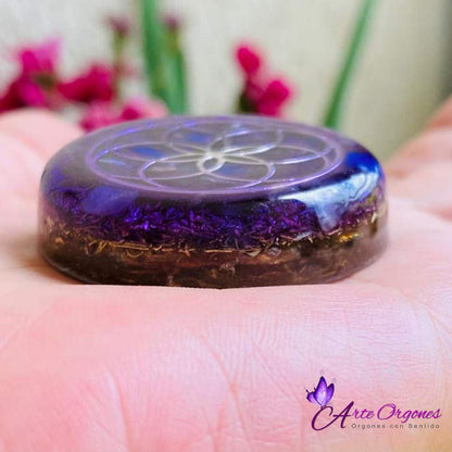 Orgone Necklace by Seed of Life - Healing Crystals - Protection - SBB Coil -Orgonite Pendant Gemstone Amethyst, Moonstone, Rose Quartz, Violet Meditation Yoga, Woman Handmade, Arte Orgones Design
