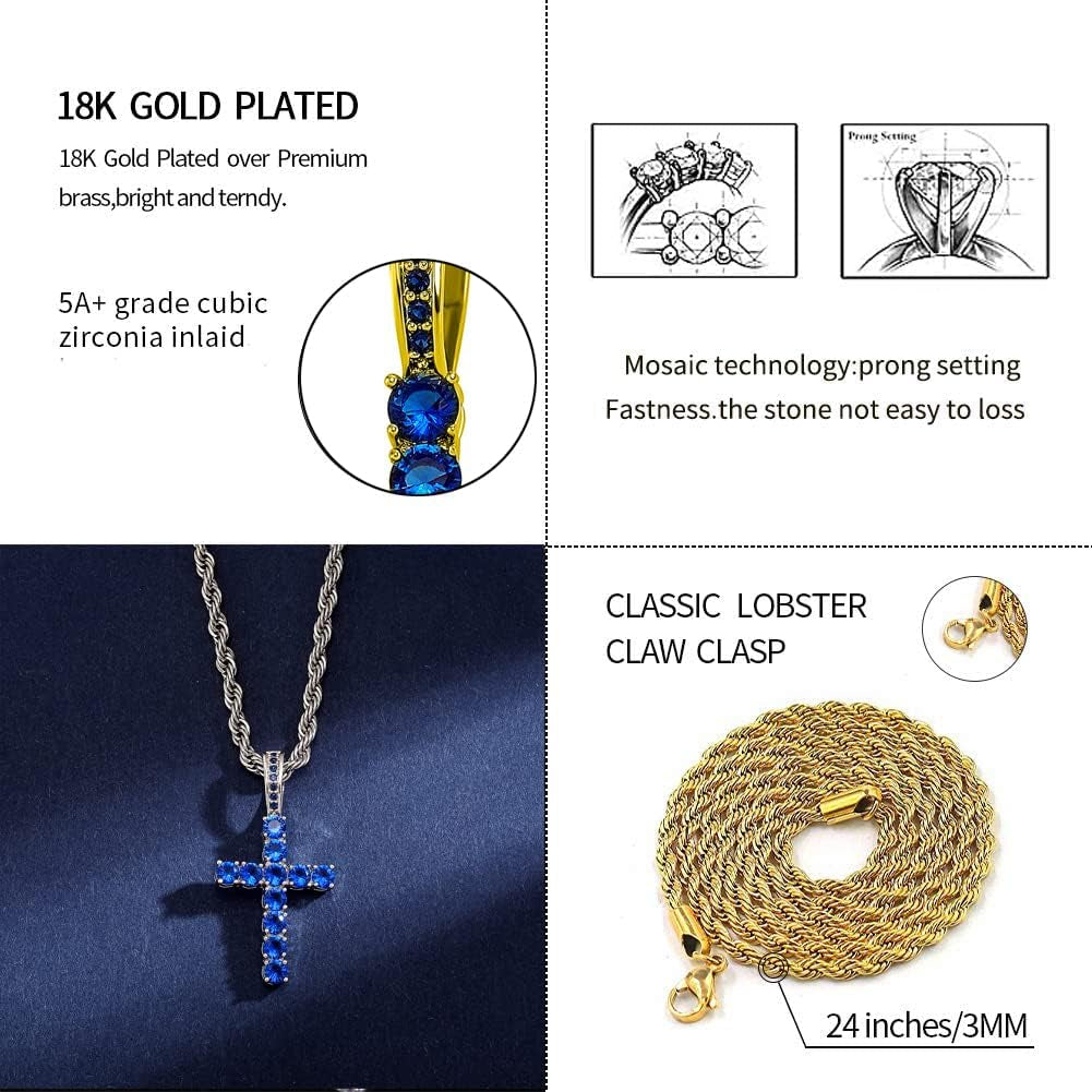 18K Gold Plated Iced Out Cubic Zirconia Classic Ankh Nail Mini Cross Egyptian Pendant Necklace Hip Hop Jewelry for Men Women with Stainless Rope Chain