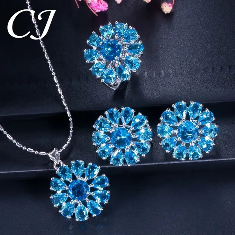 CANDICE BLUE Zirconia Stone Flower Stud Earrings Necklace Ring Fashion Sterling Silver Plated Jewelry for Christmas Party - WORLD TIME VISITS