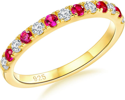 Birthstone Rings Eternity Band 925 Sterling Silver/Yellow Gold Created Gemstone Stackable Wedding Band Half Eternity Rings for Women Size 6 to 10