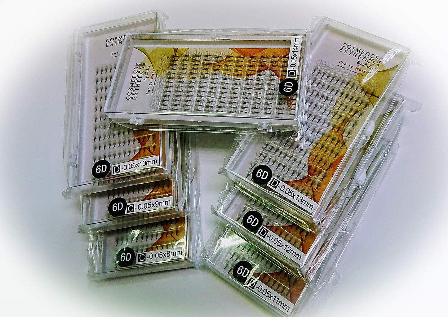 Set of 7 Trays: Eyelash Extensions Premade Russian Volume Individual Fans 6D, 0.05 Thickness, 8Mm (C Curl), 9Mm (C Curl), 10Mm (D Curl), 11Mm (D Curl), 12Mm (D Curl), 13Mm (D Curl) & 14Mm (D Curl) - WORLD TIME VISITS