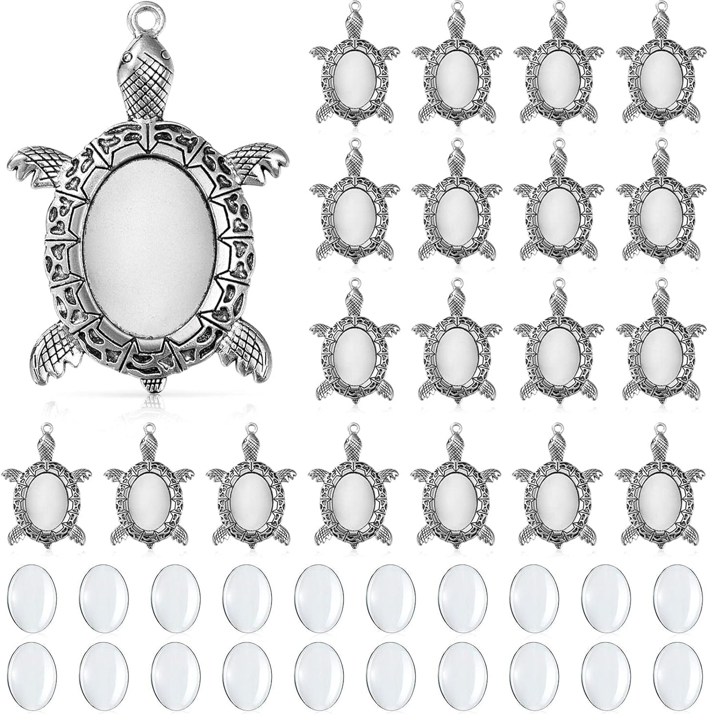 40 Pieces Antique Silver Turtle Pendant Settings, Include 20 Blank Turtle Pendant Tray with 0.71 X 0.98 Inch Oval Cabochons Base for DIY Jewelry Making