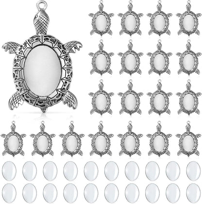 40 Pieces Antique Silver Turtle Pendant Settings, Include 20 Blank Turtle Pendant Tray with 0.71 X 0.98 Inch Oval Cabochons Base for DIY Jewelry Making