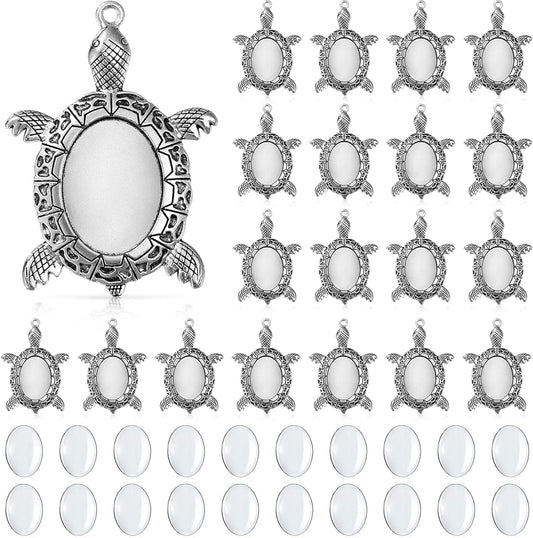 40 Pieces Antique Silver Turtle Pendant Settings, Include 20 Blank Turtle Pendant Tray with 0.71 X 0.98 Inch Oval Cabochons Base for DIY Jewelry Making