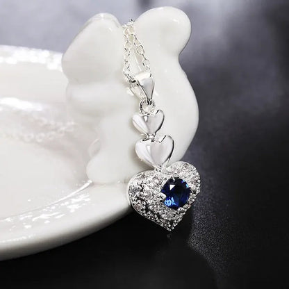Woman Party Wedding Jewelry Sets 925 Sterling Silver Blue Crystal Heart Pendant Necklace Earrings Classic Fashion Gift
