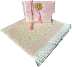 Muslim Prayer Rug and Beads with Elegant Slub Fabric Bag | Janamaz | Sajadah | Soft Islamic Prayer Rug | Islamic & Mawlid Gifts | Prayer Carpet Mat, Taffeta Fabric (Pink, 1 Sets)
