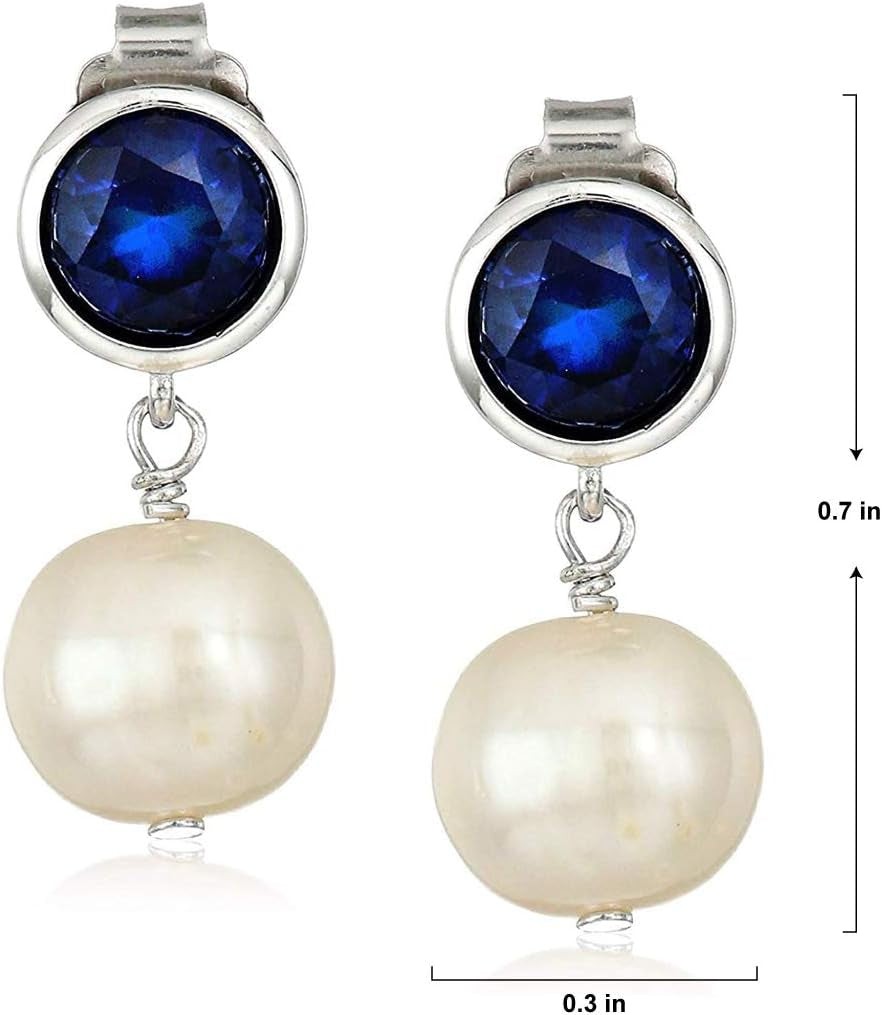 925 Sterling Silver Bezel-Set Gemstone Birthstone and 8Mm White Freshwater Cultured Pearl Post Drop Earrings - WORLD TIME VISITS
