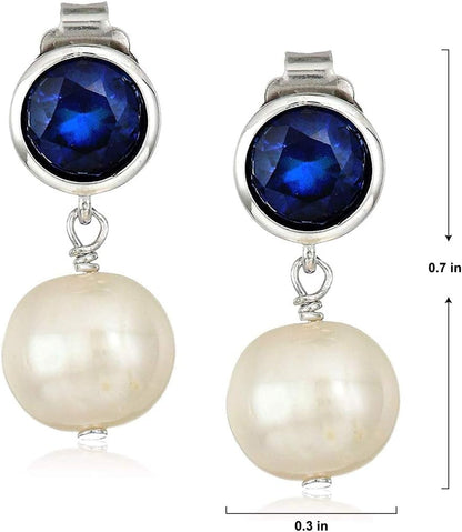 925 Sterling Silver Bezel-Set Gemstone Birthstone and 8Mm White Freshwater Cultured Pearl Post Drop Earrings - WORLD TIME VISITS