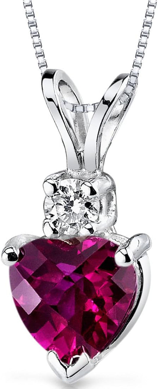 Solid 14K White Gold Created Ruby with Genuine Diamond Pendant for Women, Heart Shape, 1.17 Carats Total, Sparkling V-Day Gift Valentines Gift for Women, Women Gift Ideas W/Jewelry Box