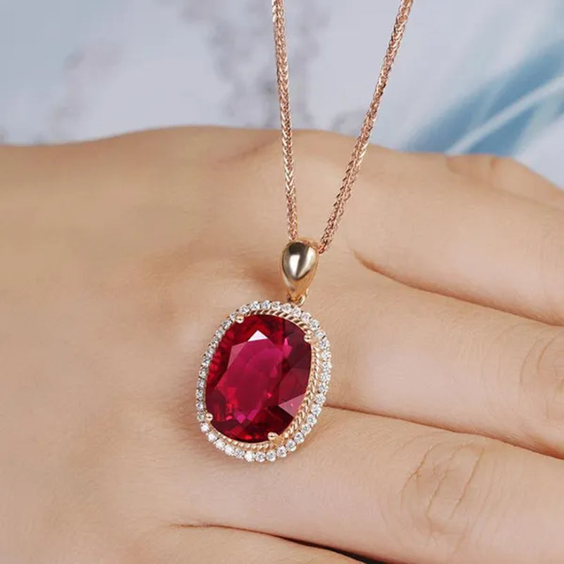 Jewelry Fashion 18k Gold Diamond Ruby Ellipse Pendant Rose Gold Necklace Ornament