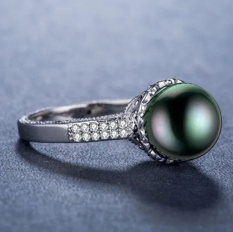 Silver Black Pearl & White Topaz Engagement Ring Jewelry