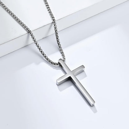 Cross Necklace for Men, Silver Cross Stainless Steel Pendant Necklace, Mens Cross Chain
