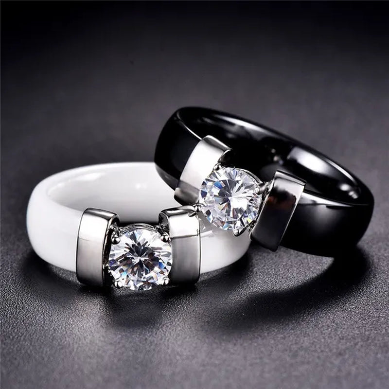 Fashion Male And Female Anti Allergy Black White Ceramic Ring Silver Gold Color  Diamond Solitare Ring Wedding Rings For Couple