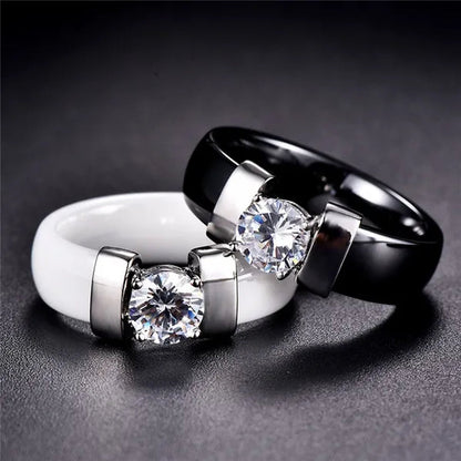 Fashion Male And Female Anti Allergy Black White Ceramic Ring Silver Gold Color  Diamond Solitare Ring Wedding Rings For Couple