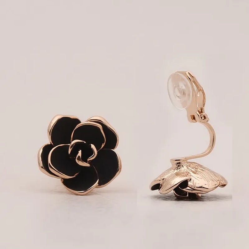 2PCS Women Gold Plated Black Rose Flower Clip on Earrings Non-pierced Jewelry